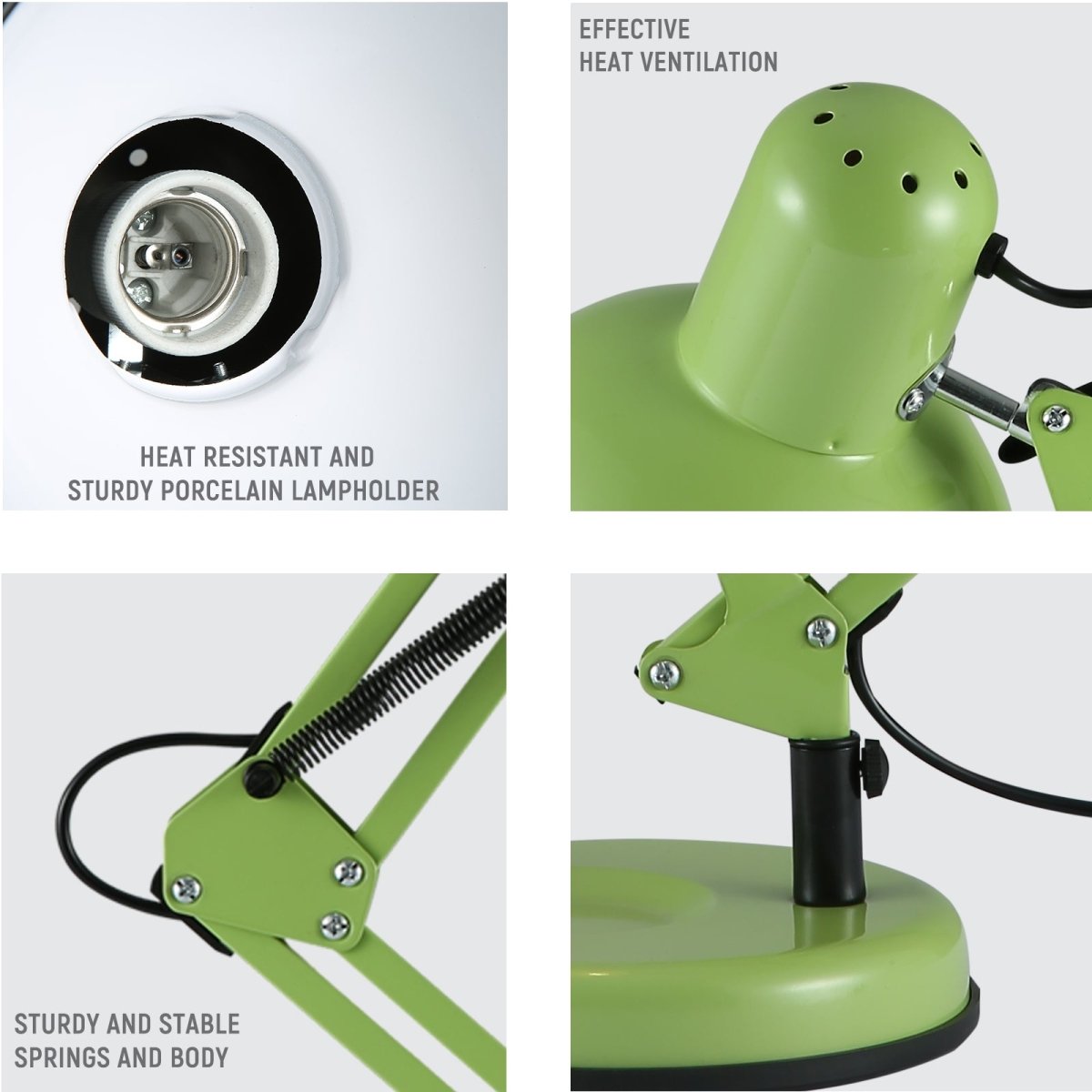 Close up of Atlas Architect Swing Arm Green Desk Lamp with Clip E27