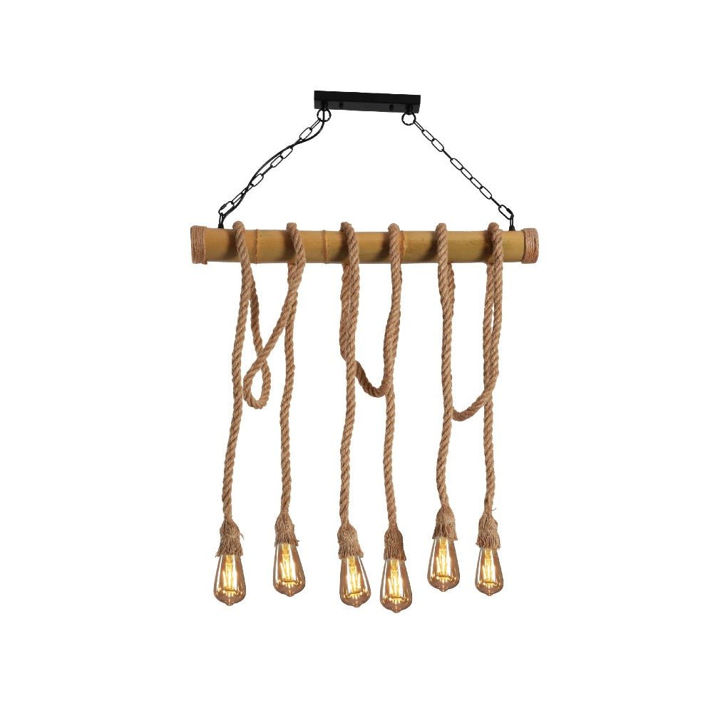 Farmhouse Rustic Bamboo and Hemp Rope Rod Ceiling Chandelier Light 6xE27