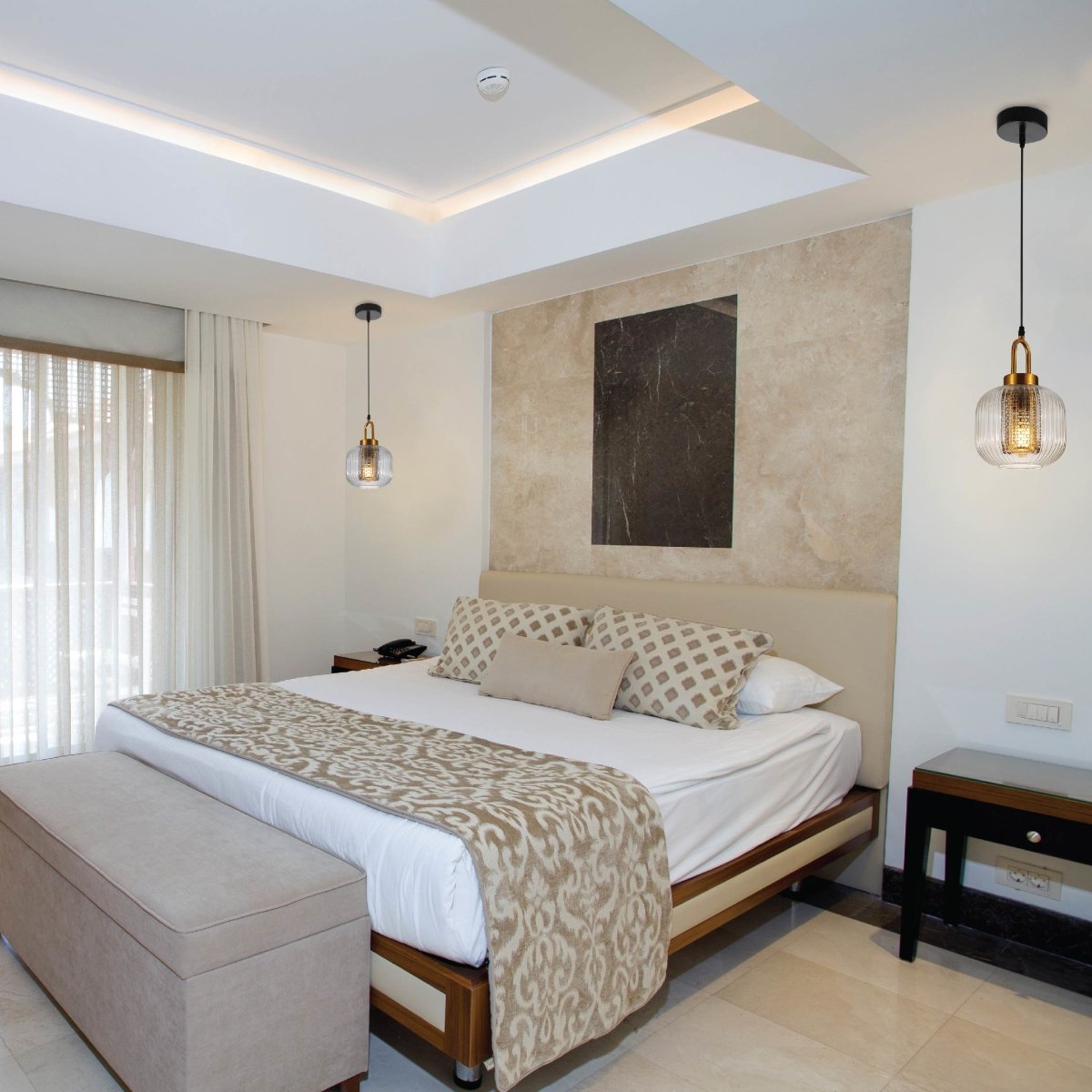 Bedroom side lamp usage of Sawyer Ribbed Fluted Reeded Maloto Lantern Clear Glass Pendant Ceiling Light E27 Gold Handled | TEKLED 150-18702