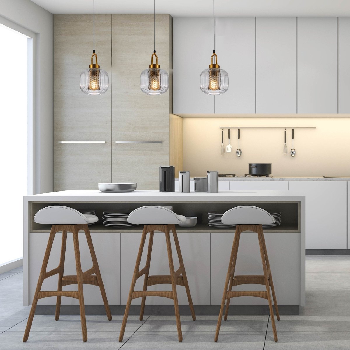 On top of Kitchen Island usage of Sawyer Ribbed Fluted Reeded Maloto Lantern Clear Glass Pendant Ceiling Light E27 Gold Handled | TEKLED 150-18702