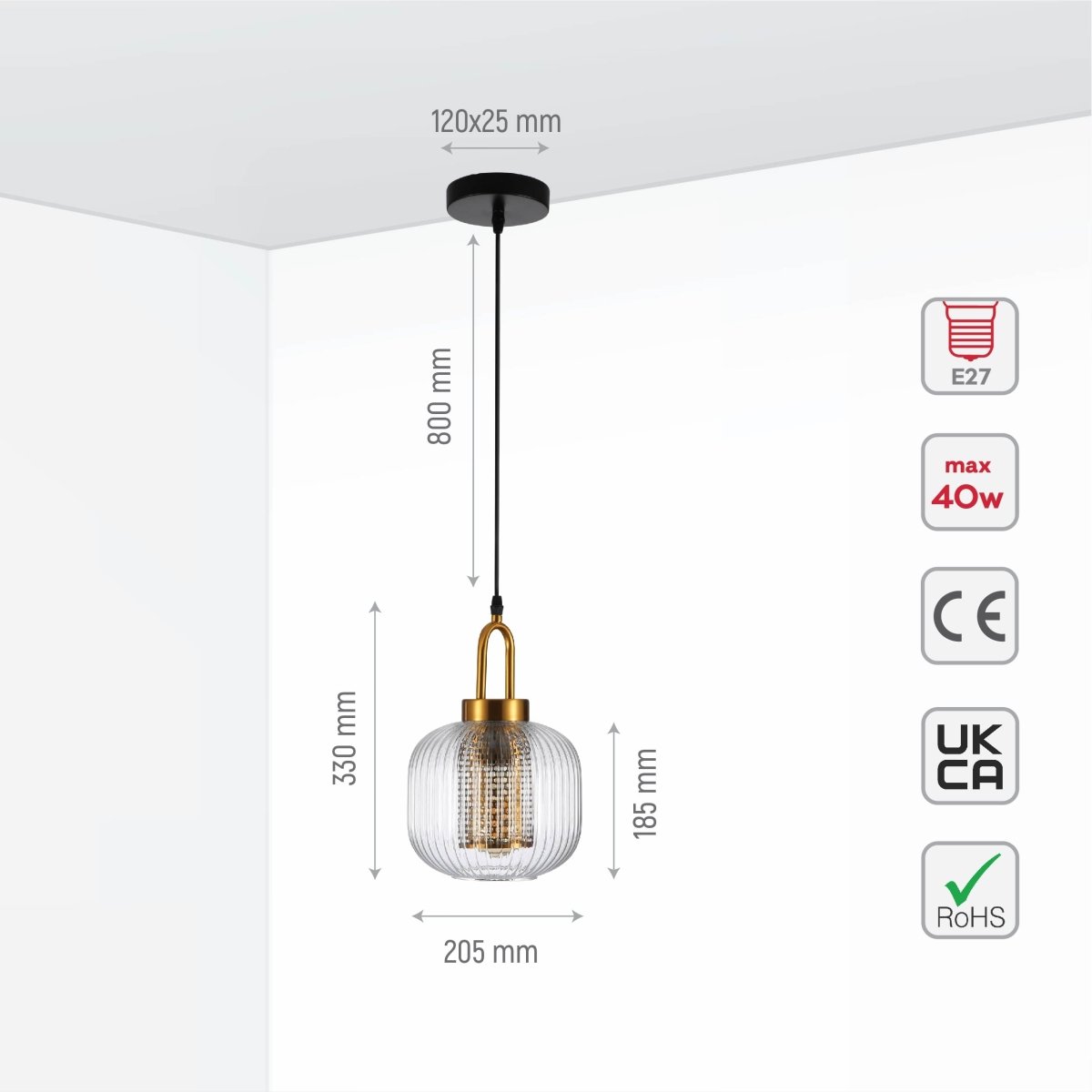 Size and specs of Sawyer Ribbed Fluted Reeded Maloto Lantern Clear Glass Pendant Ceiling Light E27 Gold Handled | TEKLED 150-18702