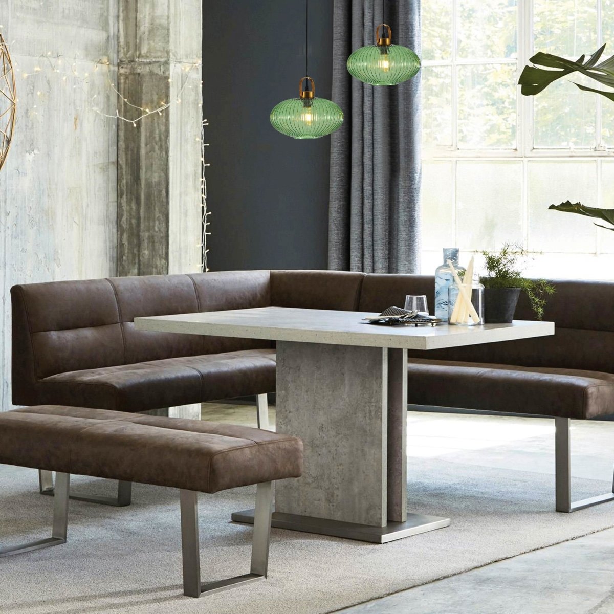 Living room dining room interior usage of Sawyer Ribbed Fluted Reeded Maloto Lantern Green Glass Pendant Ceiling Light E27 Gold Handled | TEKLED 150-18706