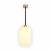White Ribbed Glass Pendant Light with Wooden Accents