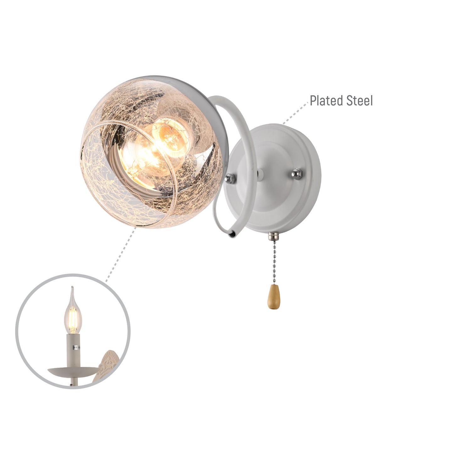 Black-Chrome | White Metal Partial Mirror Cone Glass Wall Light E27 Pull Down Switch