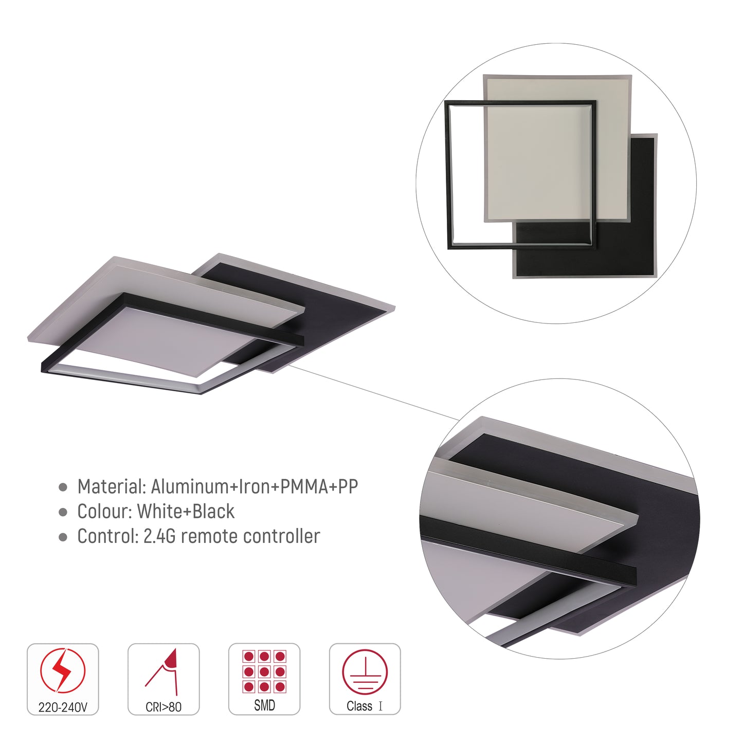 Layered Square LED Ceiling Light, CCT Tunable with Remote, Black & White, 72W, Flush Mount