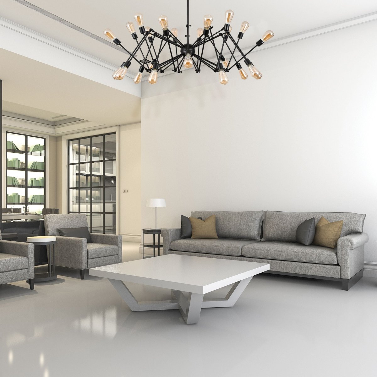 Black hinged rod metal spider chandelier with 24xe27 fitting in indoor setting living room 158-17589