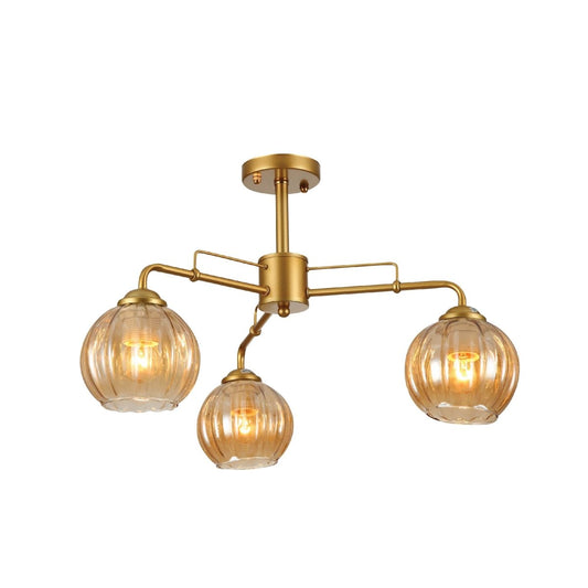 Amber Reeded Globe Glass Gold Metal Industrial Vintage Retro Semi Flush Ceiling Light E27 Fittings
