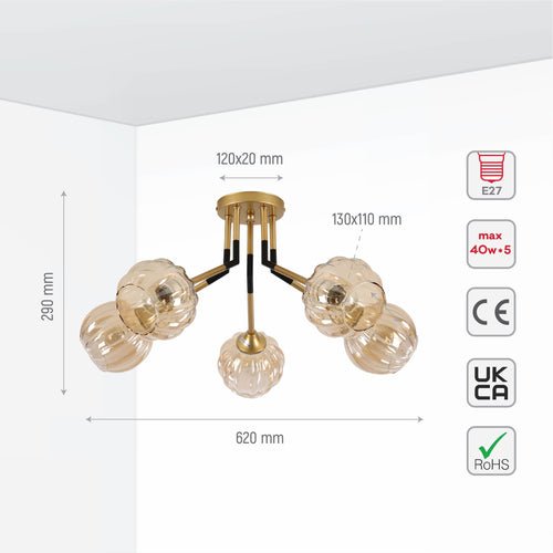 User manual for Amber Reeded Globe Glass Gold Metal Vintage Retro Semi Flush Ceiling Light with E27 Fittings | TEKLED 159-17660