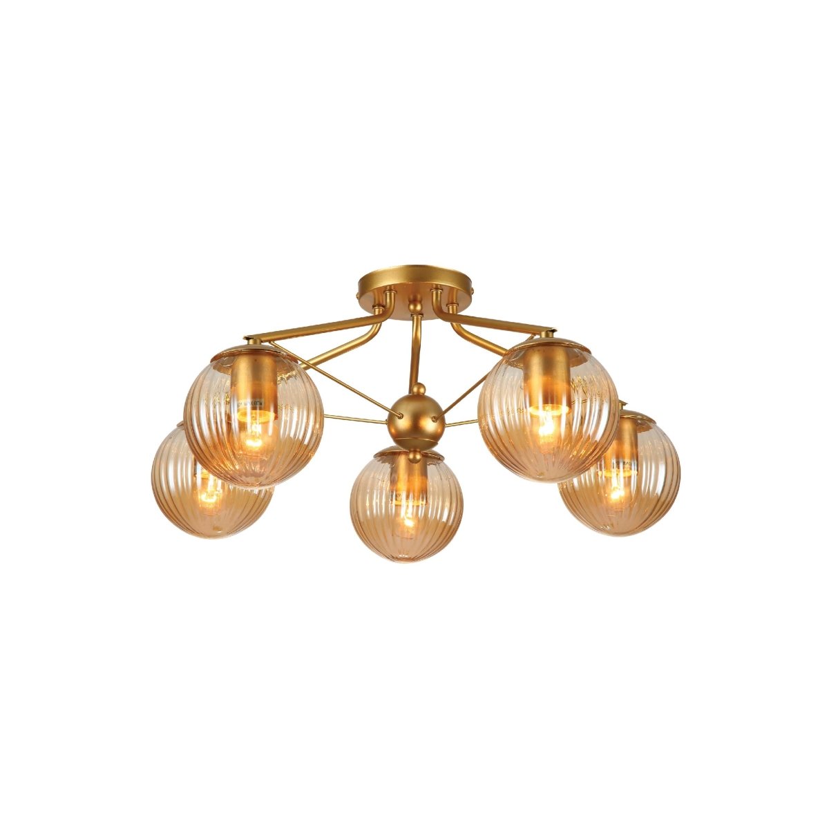Amber Reeded Globe Gold Semi Flush Ceiling Light E27