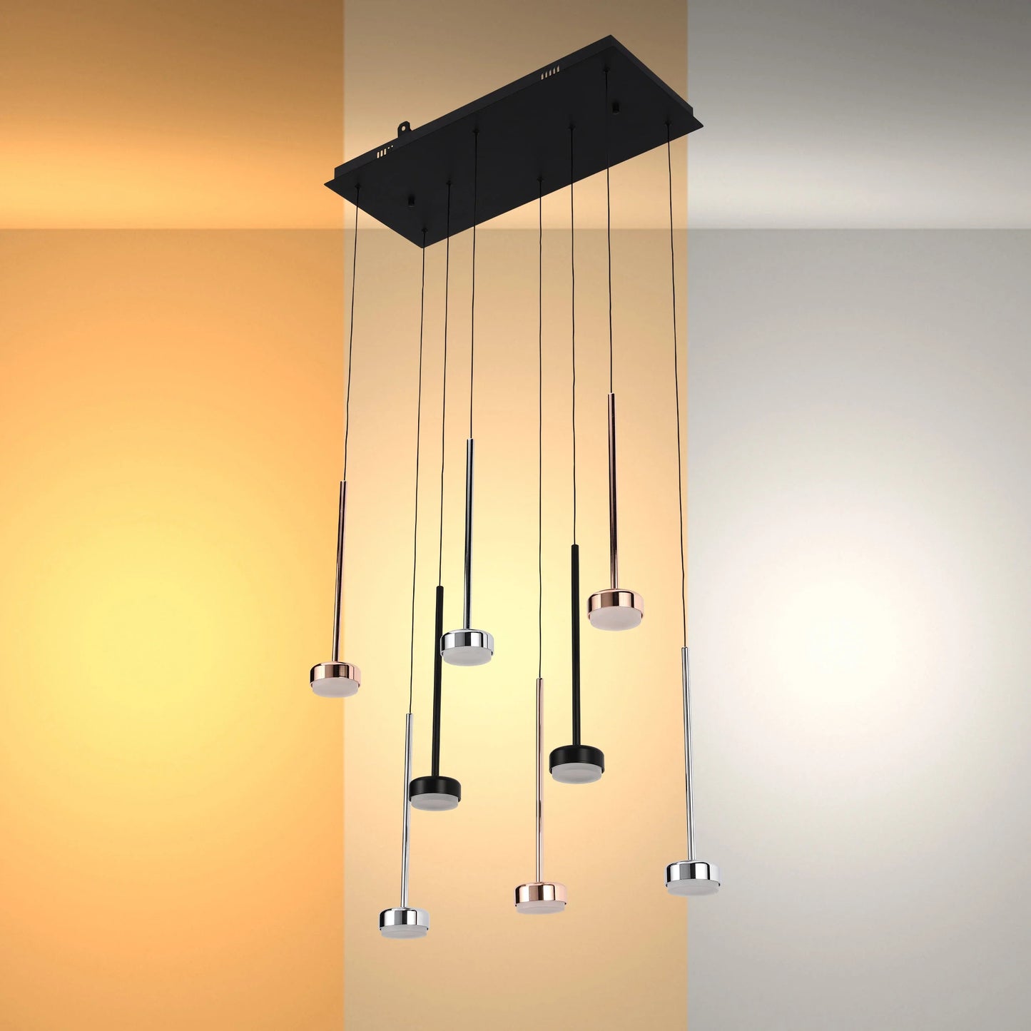 6-Light Black Rectangular Plate Modern Pendant Light - Chrome, Copper & Black Finishes
