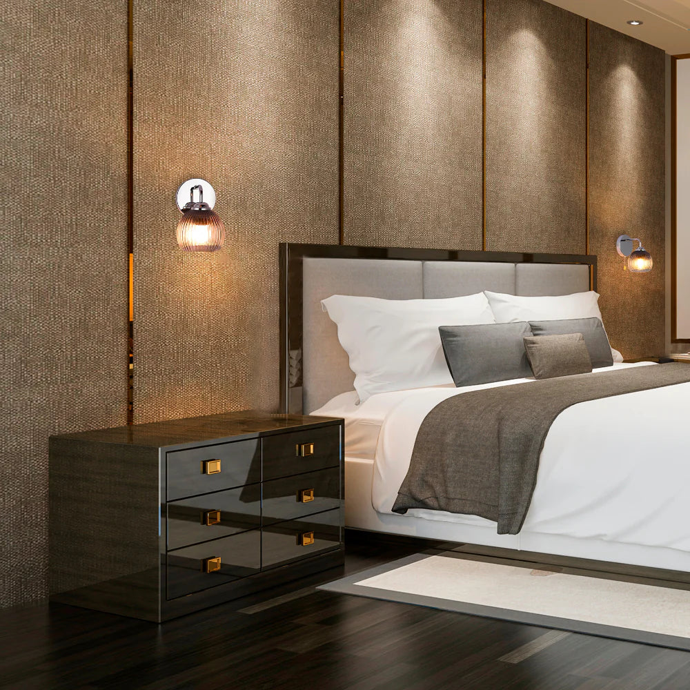 Reeded Glass Wall Light with Pull Down Switch E27 Fitting