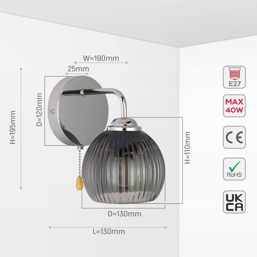 Reeded Glass Wall Light with Pull Down Switch E27 Fitting