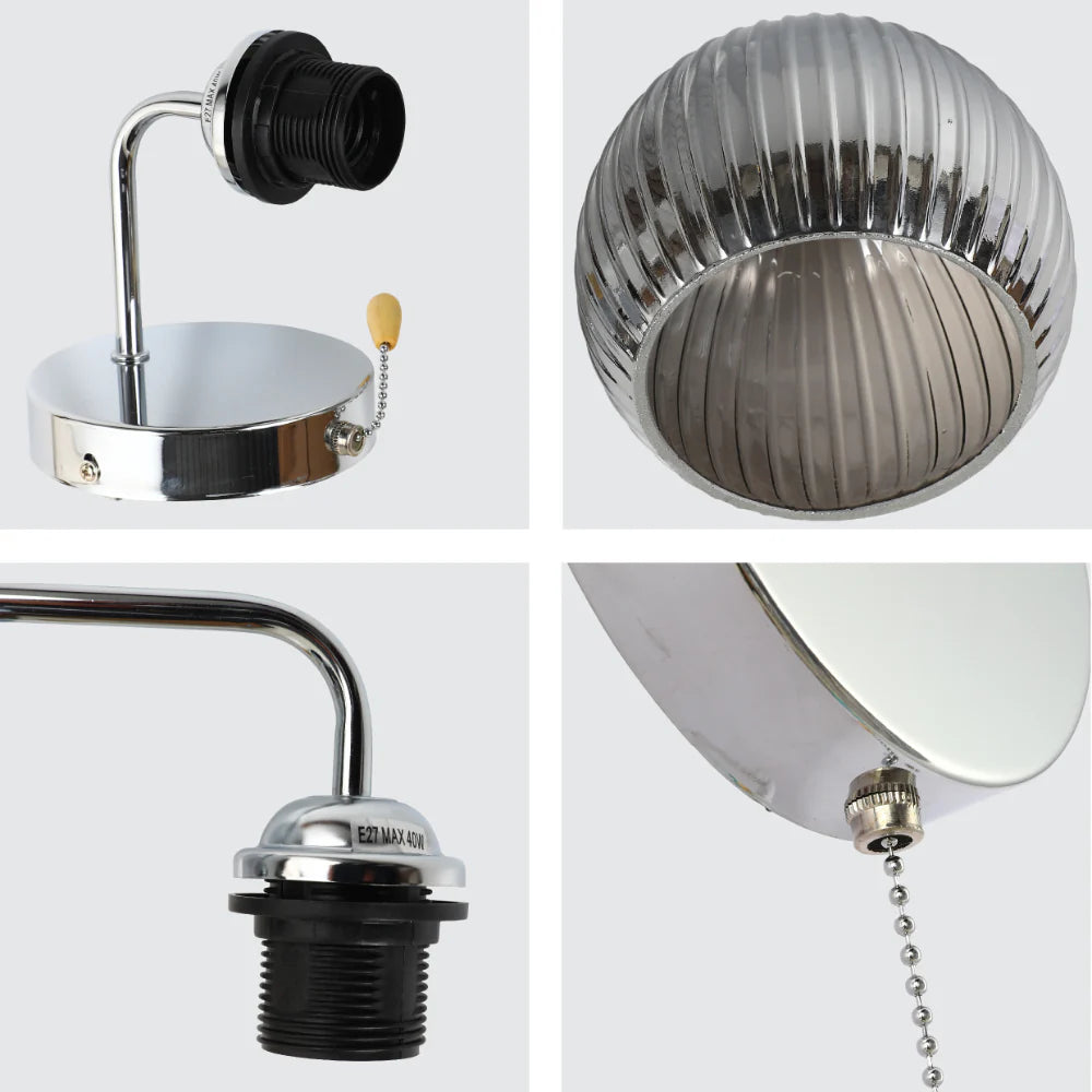 Reeded Glass Wall Light with Pull Down Switch E27 Fitting