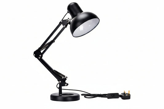 Close up of Atlas Architect Swing Arm Black Desk Lamp with Clip E27