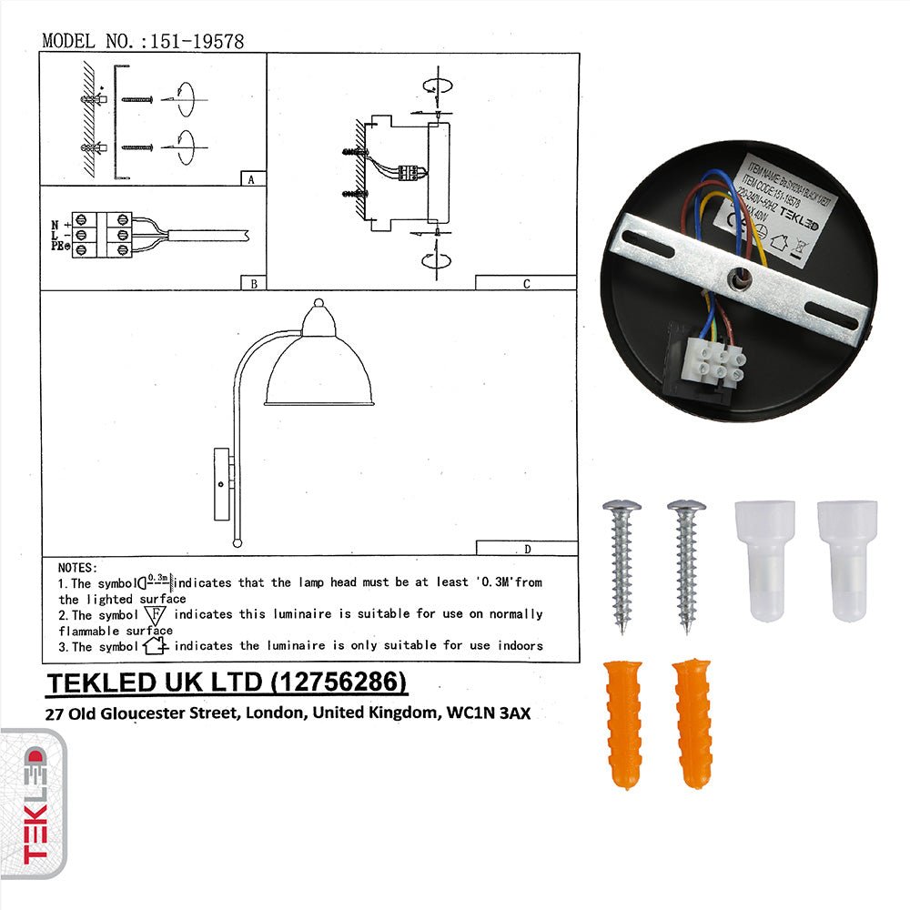 User manual and installation tools of Black Metal Dome Wall Light with E27 Fitting