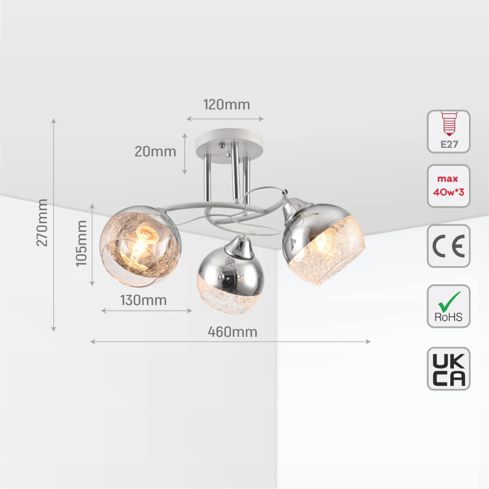 Chrome Metal Partial Mirror Cone Glass Ceiling Light E27