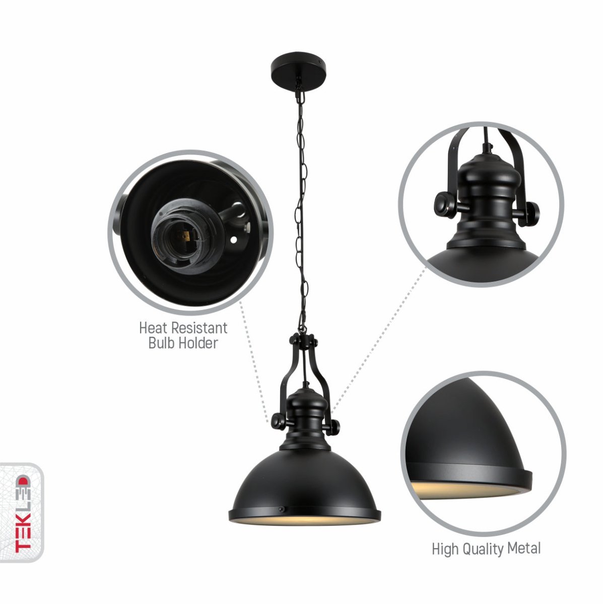 Close up shots of Black Nautical Industrial Caged Dome Shade Glass Metal Ceiling Pendant Light with E27 Fitting | TEKLED 150-18372