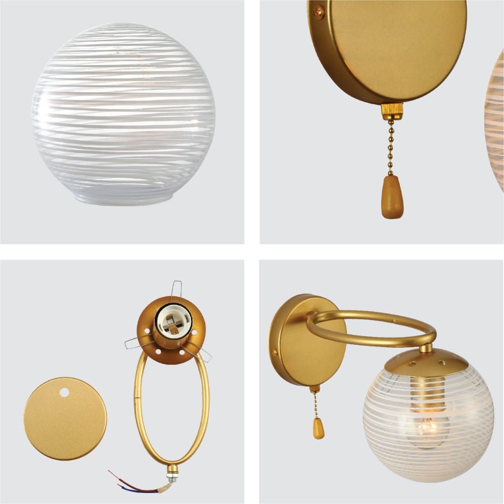Detailed shots of Amber Globe Glass Gold Metal Ellipse Vintage Retro Wall Light with Pull Down Switch E27 Fitting | TEKLED 151-19788