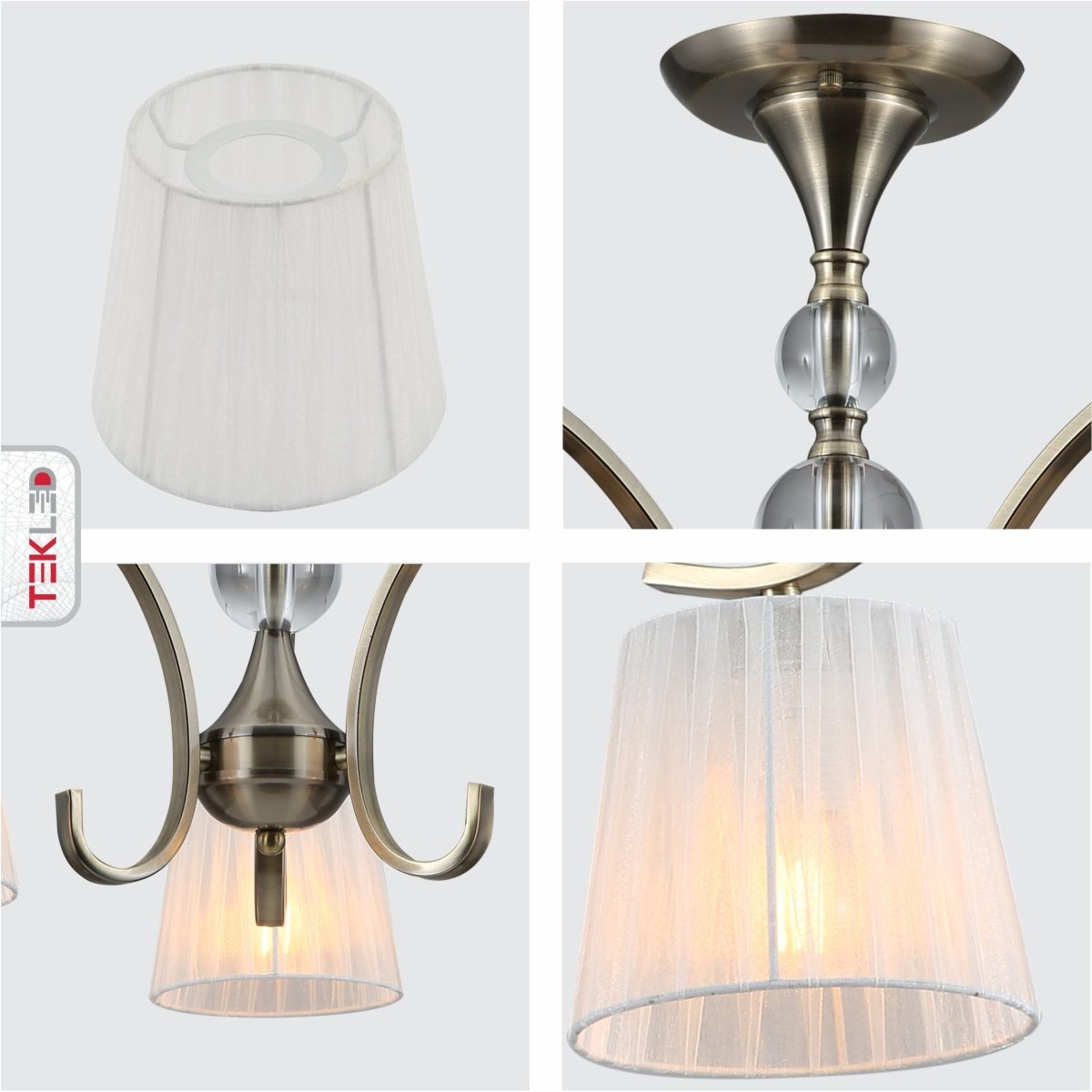 Detailed shots of Antique Brass Metal Body Rice White Fabric Shade Vintage Traditional Retro Semi Flush Ceiling Light with 3xE27 Fitting | TEKLED 159-17818