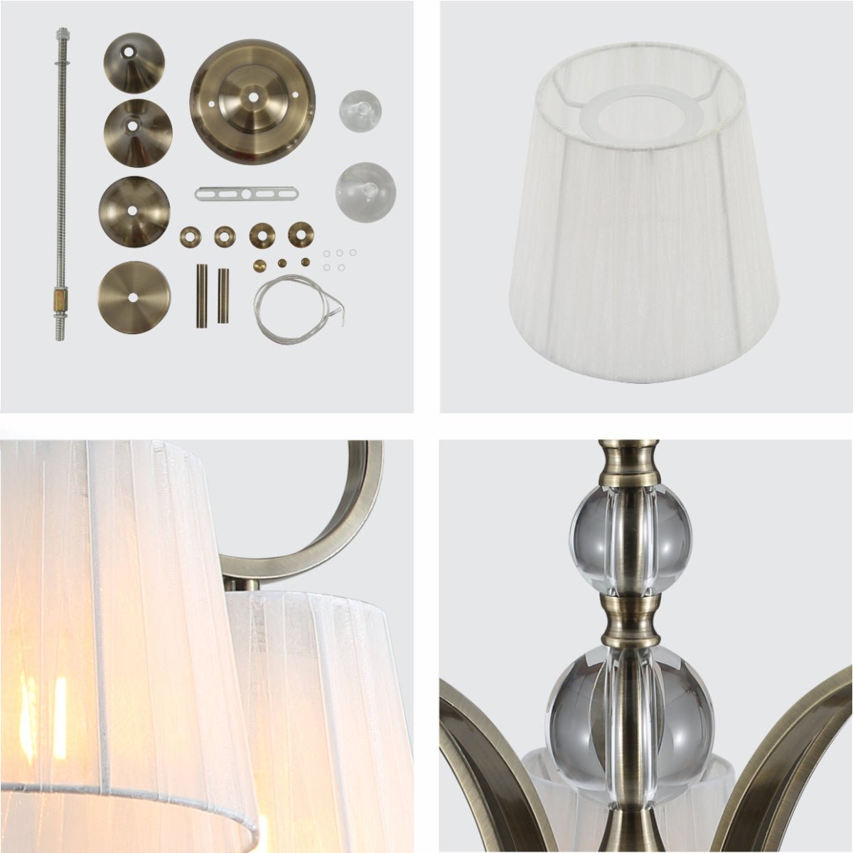 Detailed shots of Antique Brass Metal Body Rice White Fabric Shaded Vintage Traditional Retro Ceiling Chandelier Light with 5xE27 Fitting | TEKLED 159-17820