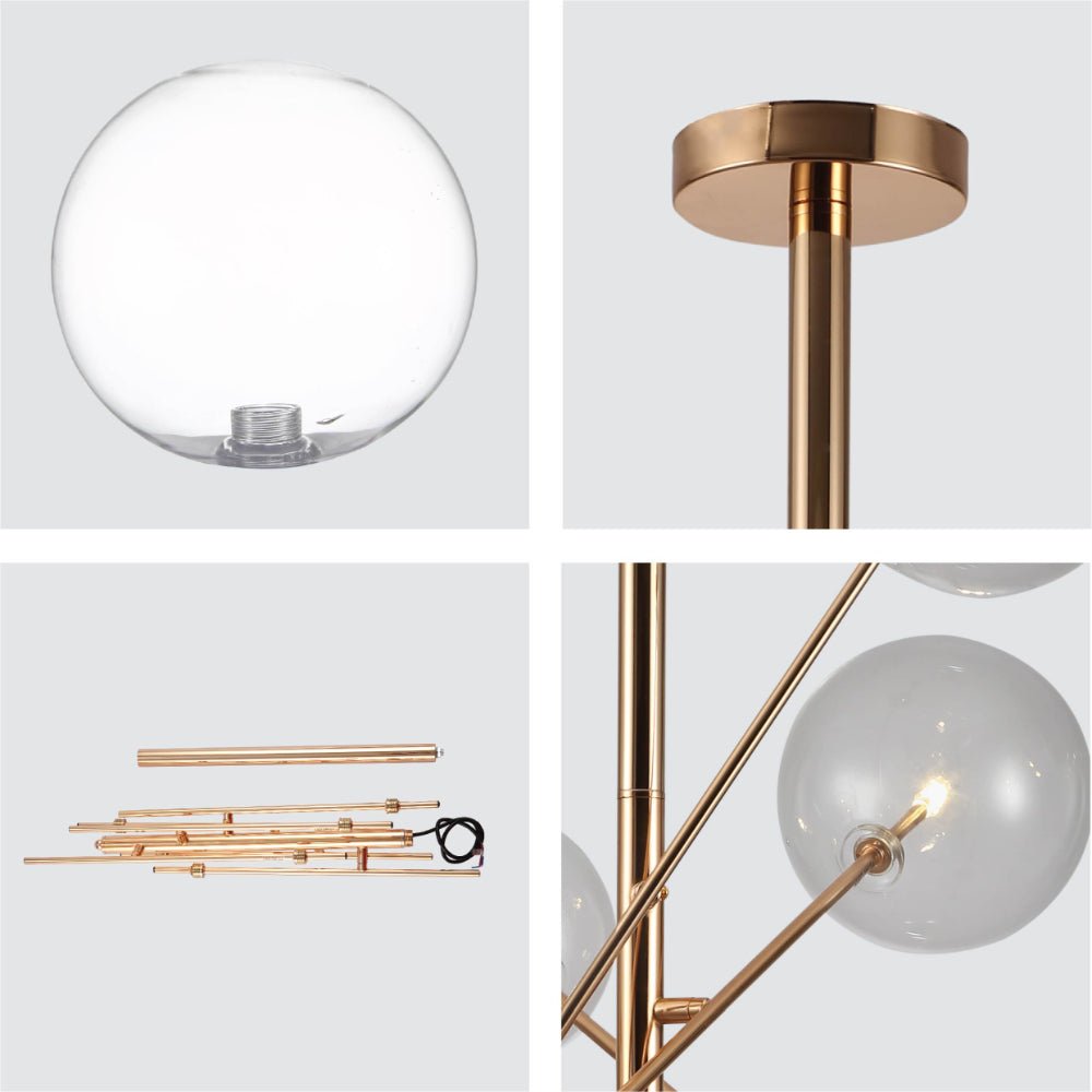 Detailed shots of Gold Metal Clear Glass Globe Chandelier Ceiling Light with 6xG4 Fittings | TEKLED 158-19614