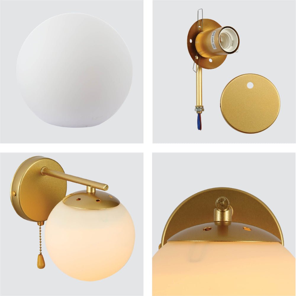 Detailed shots of Opal Globe Glass Gold Metal Body Vintage Retro Wall Light with Pull Down Switch E27 Fitting | TEKLED 151-19780