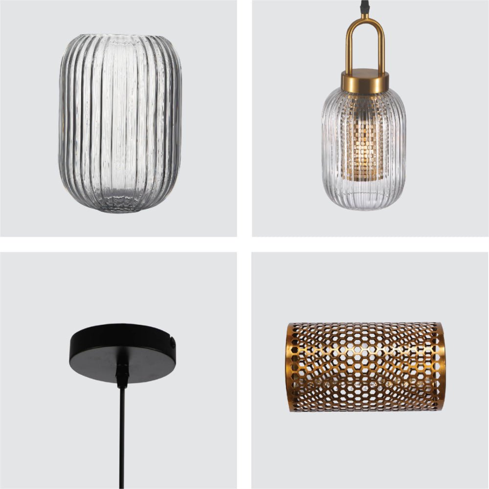 Detailed shots of Sawyer Ribbed Fluted Reeded Maloto Lantern Clear Glass Pendant Ceiling Light E27 Gold Handled | TEKLED 150-18700