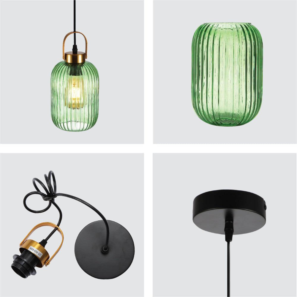 Detailed shots of Sawyer Ribbed Fluted Reeded Maloto Lantern Green Glass Pendant Ceiling Light E27 Gold Handled | TEKLED 150-18704