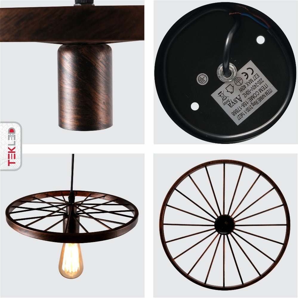 Detailed shots of Vintage Industrial Wagon Wheel Pendant Light with E27 Fitting | TEKLED 158-17888