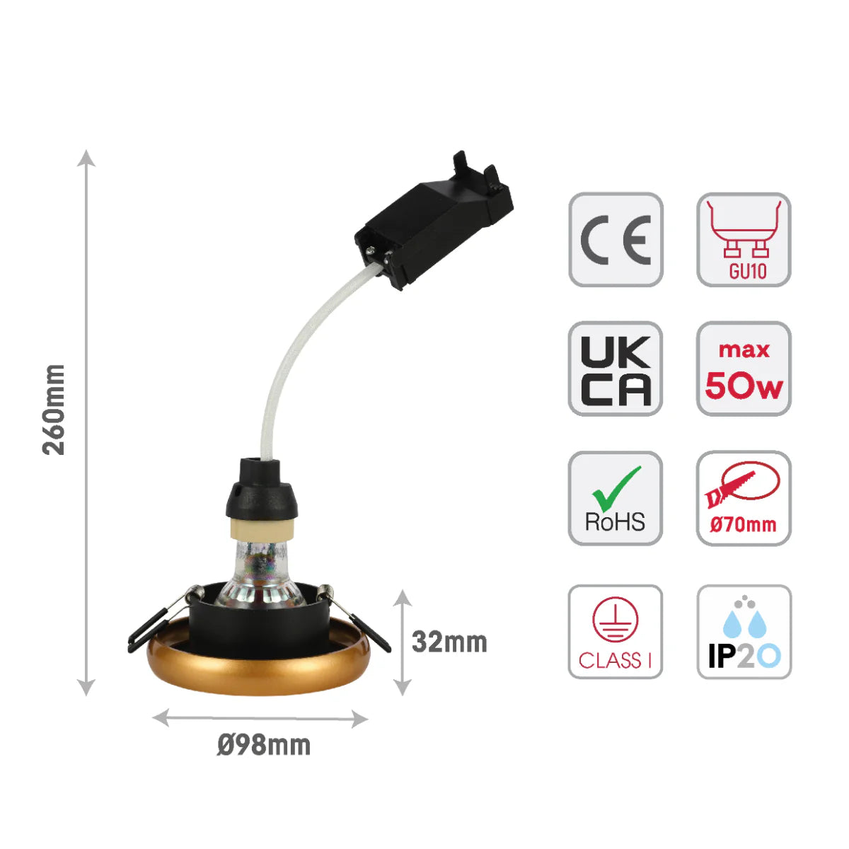 Size and certifications of Die-Cast Aluminium Fixed GU10 Downlight with Color-Accented Bezel 143-04037