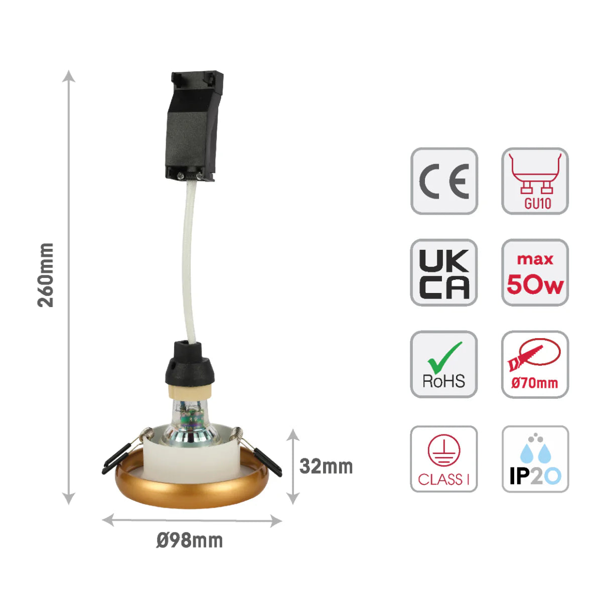 Size and certifications of Die-Cast Aluminium Fixed GU10 Downlight with Color-Accented Bezel 143-04038