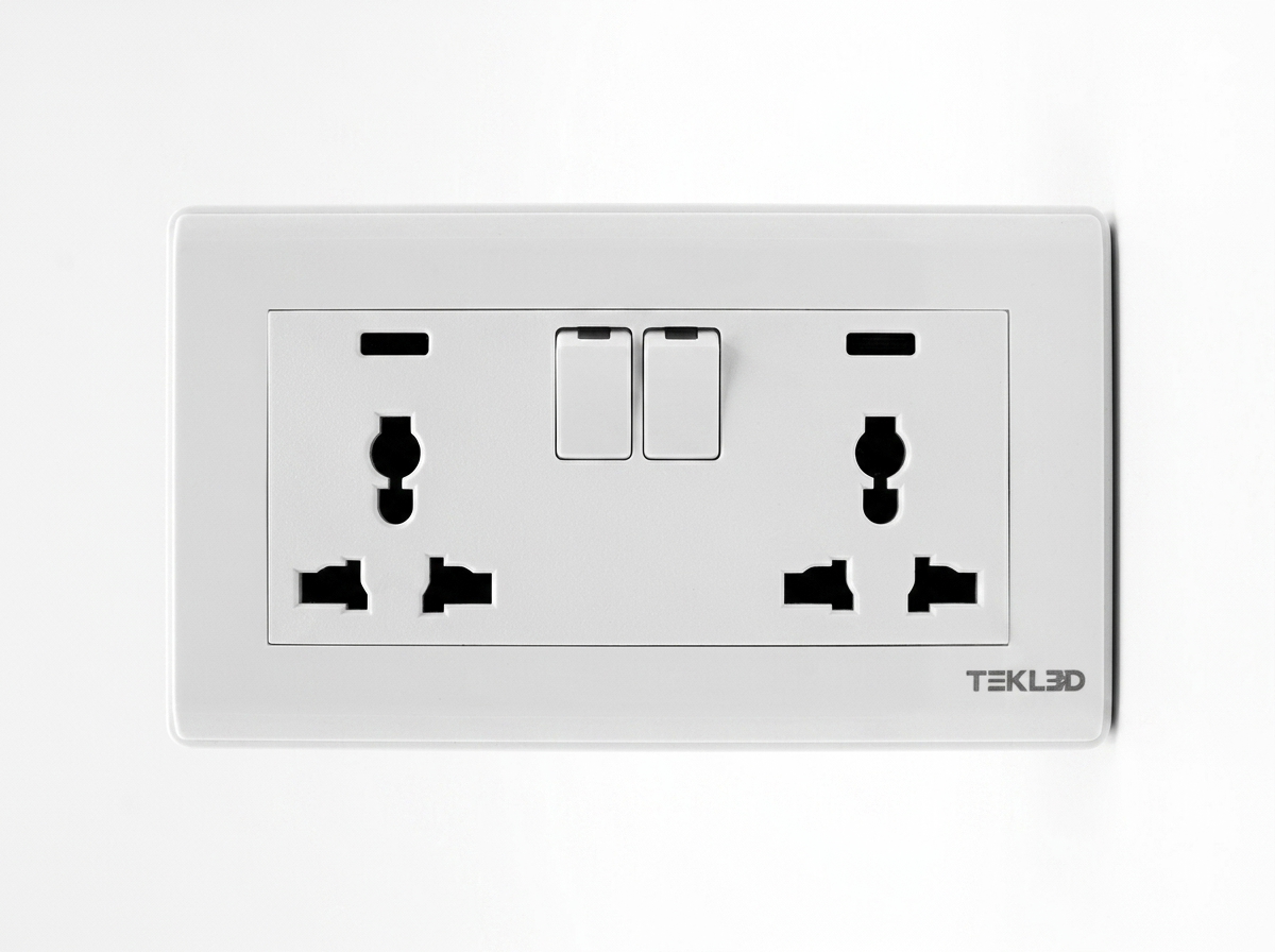 PRIME WHITE DOUBLE SWITCHED 3-PIN UNIVERSAL SOCKET WITH NEON (TEKLED)