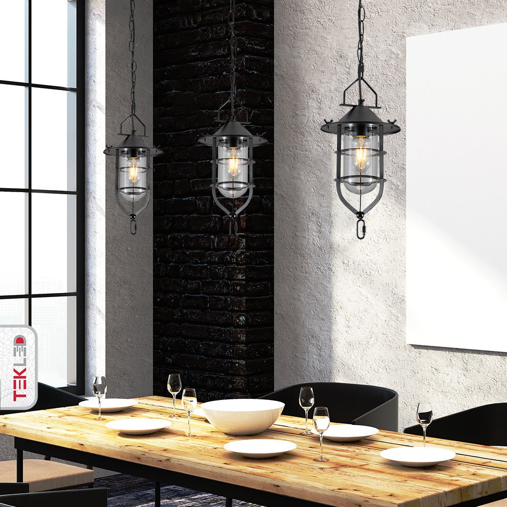 More interior usage of Black Nautical Industrial Caged Flat Shade Small Glass Metal Ceiling Pendant Light with E27 Fitting | TEKLED 150-18370