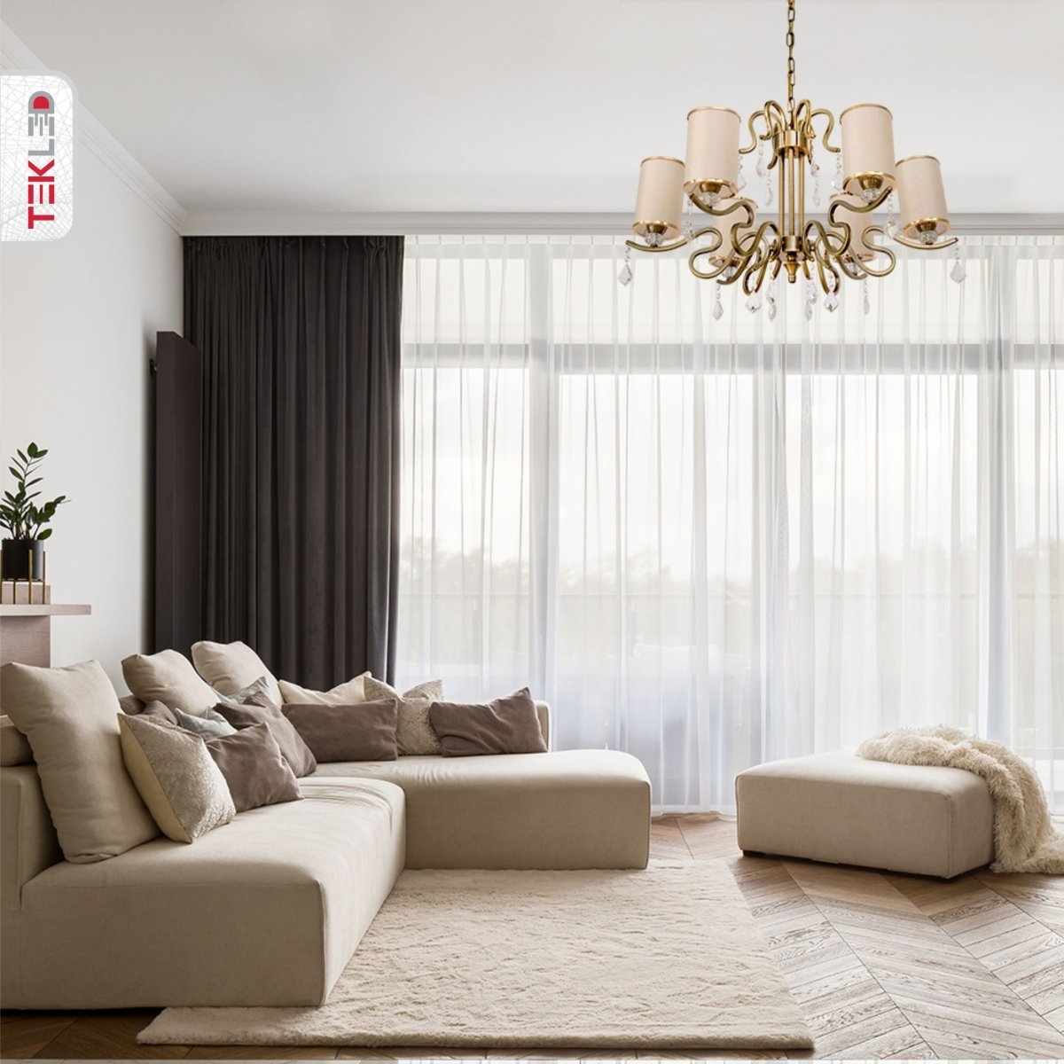 More interior usage of Cream Shade Antique Brass Metal 6 Arm Chandelier with Pendeloque Crystals 6xE14 | TEKLED 158-17826