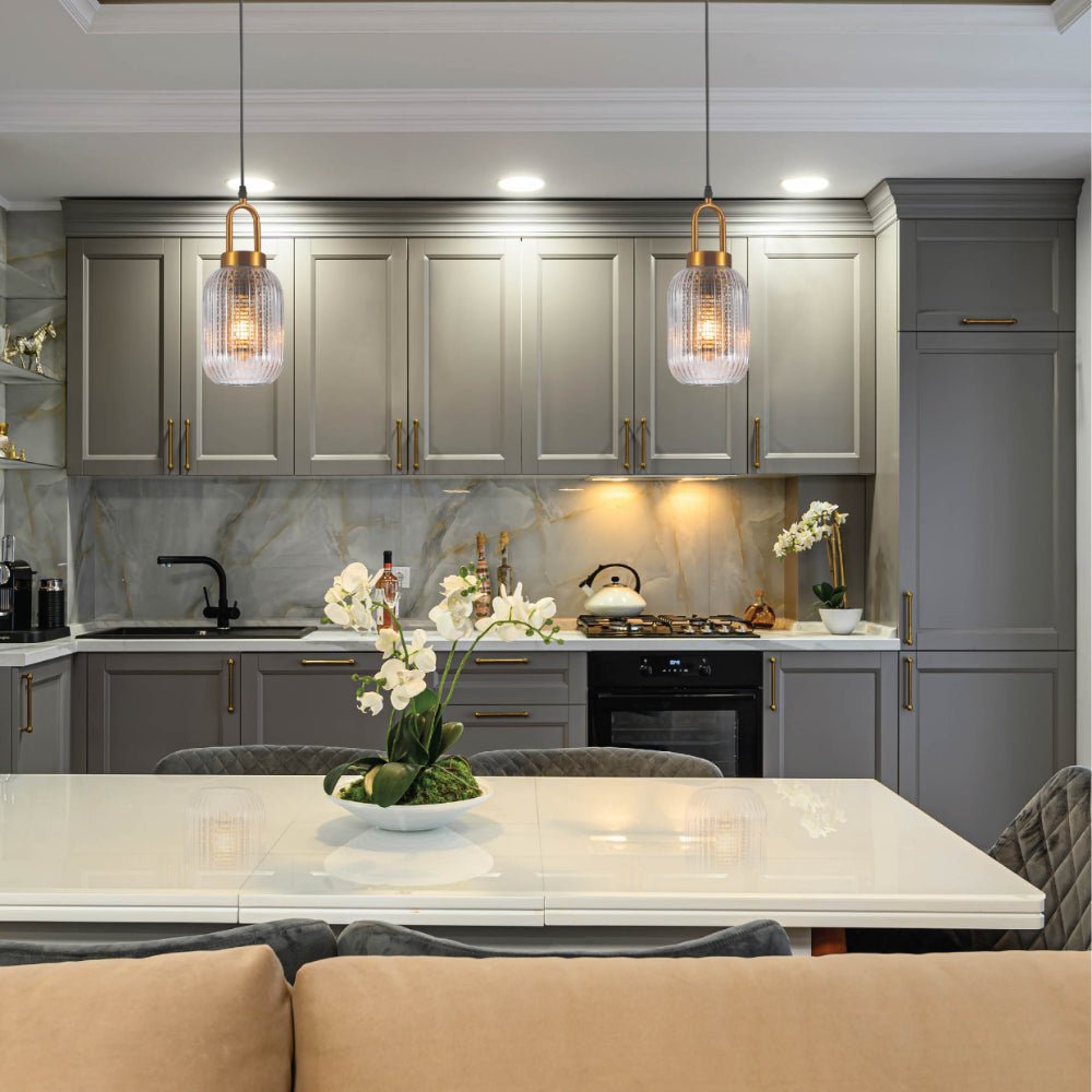 More interior usage of Sawyer Ribbed Fluted Reeded Maloto Lantern Clear Glass Pendant Ceiling Light E27 Gold Handled | TEKLED 150-18700