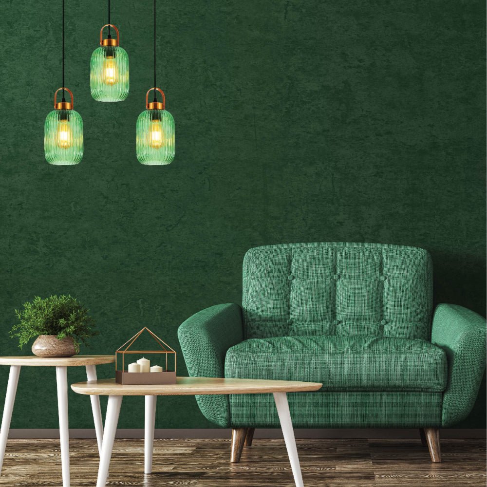 Living room interior usage of Sawyer Ribbed Fluted Reeded Maloto Lantern Green Glass Pendant Ceiling Light E27 Gold Handled | TEKLED 150-18704