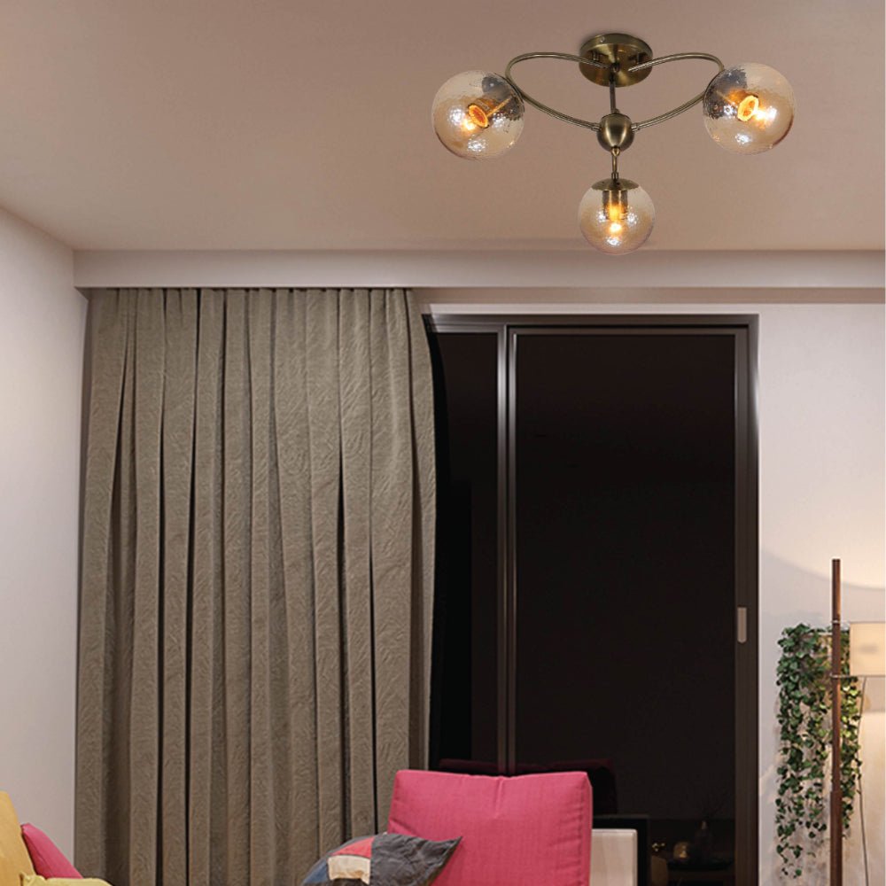 More interior usage of Textured Amber Globe Antique Brass Semi Circle Arm Semi Flush Ceiling Light | TEKLED 159-17756