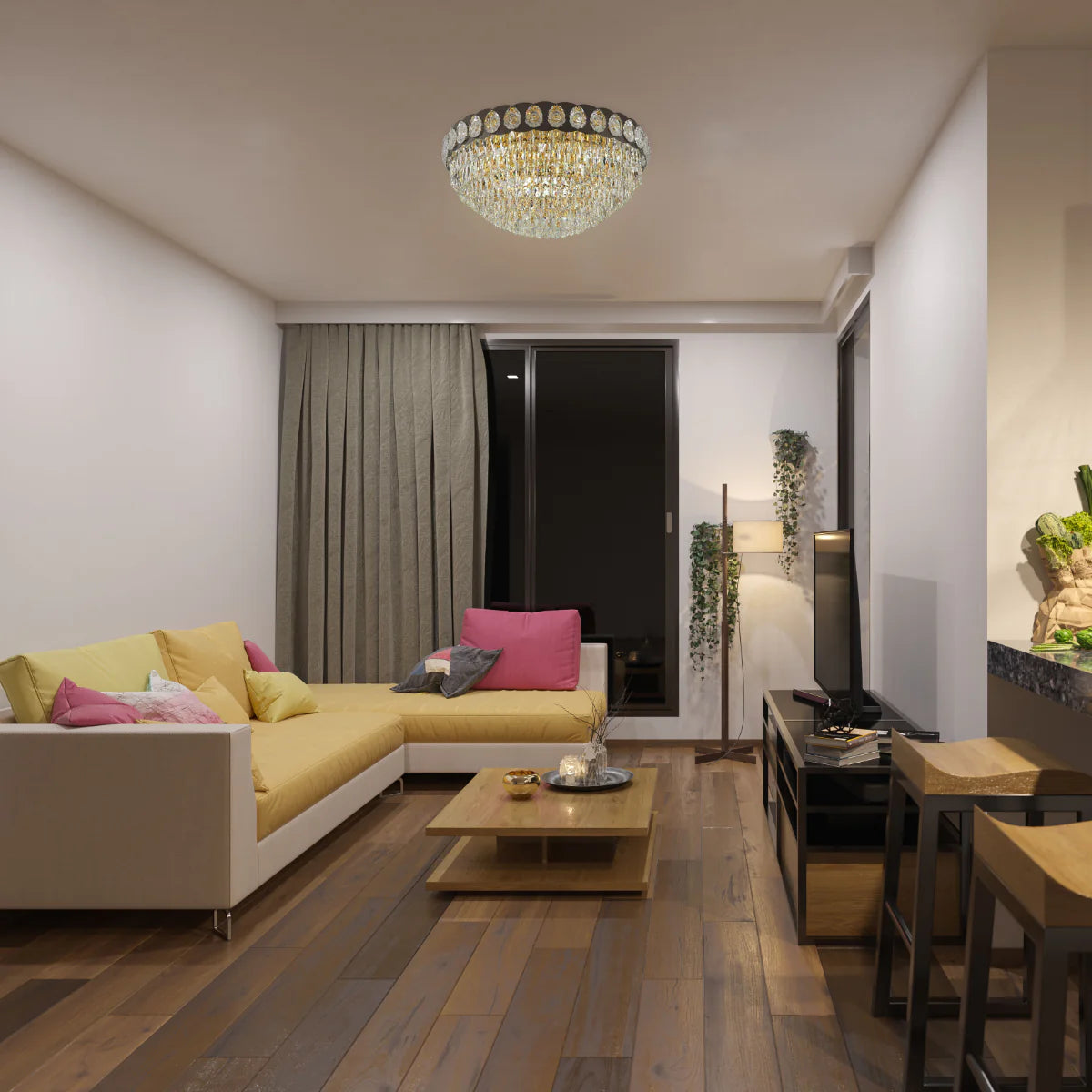 Interior use of Luxury Clear Crystal Flush Modern Ceiling Chandelier Light Gold | TEKLED 159-18011