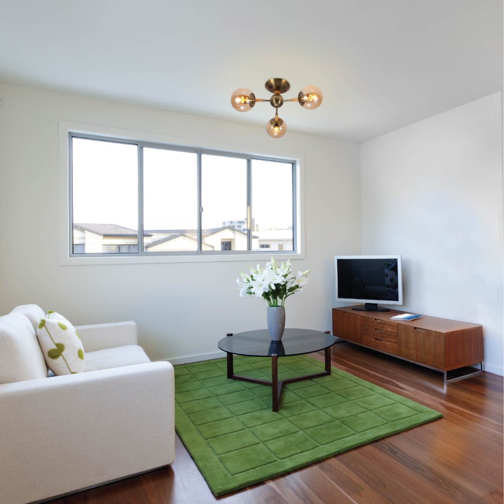 Indoor usage of Amber Globe Glass Antique Brass Metal Wood Body Vintage Retro Molecule Ceiling Light with E27 Fittings | TEKLED 159-17778