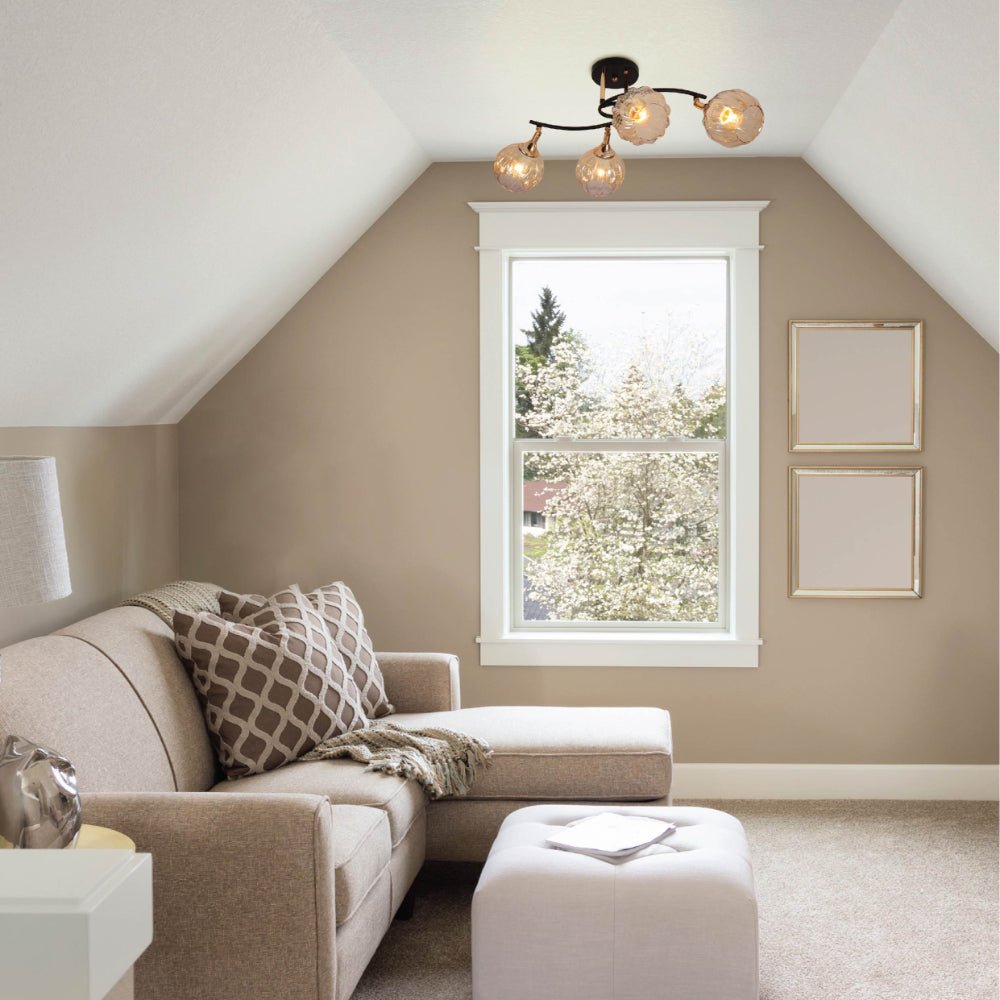 Indoor usage of Amber Reeded Globe Glass Black Gold Metal Body Vintage Retro Semi Flush Ceiling Light with E27 Fittings | TEKLED 159-17732