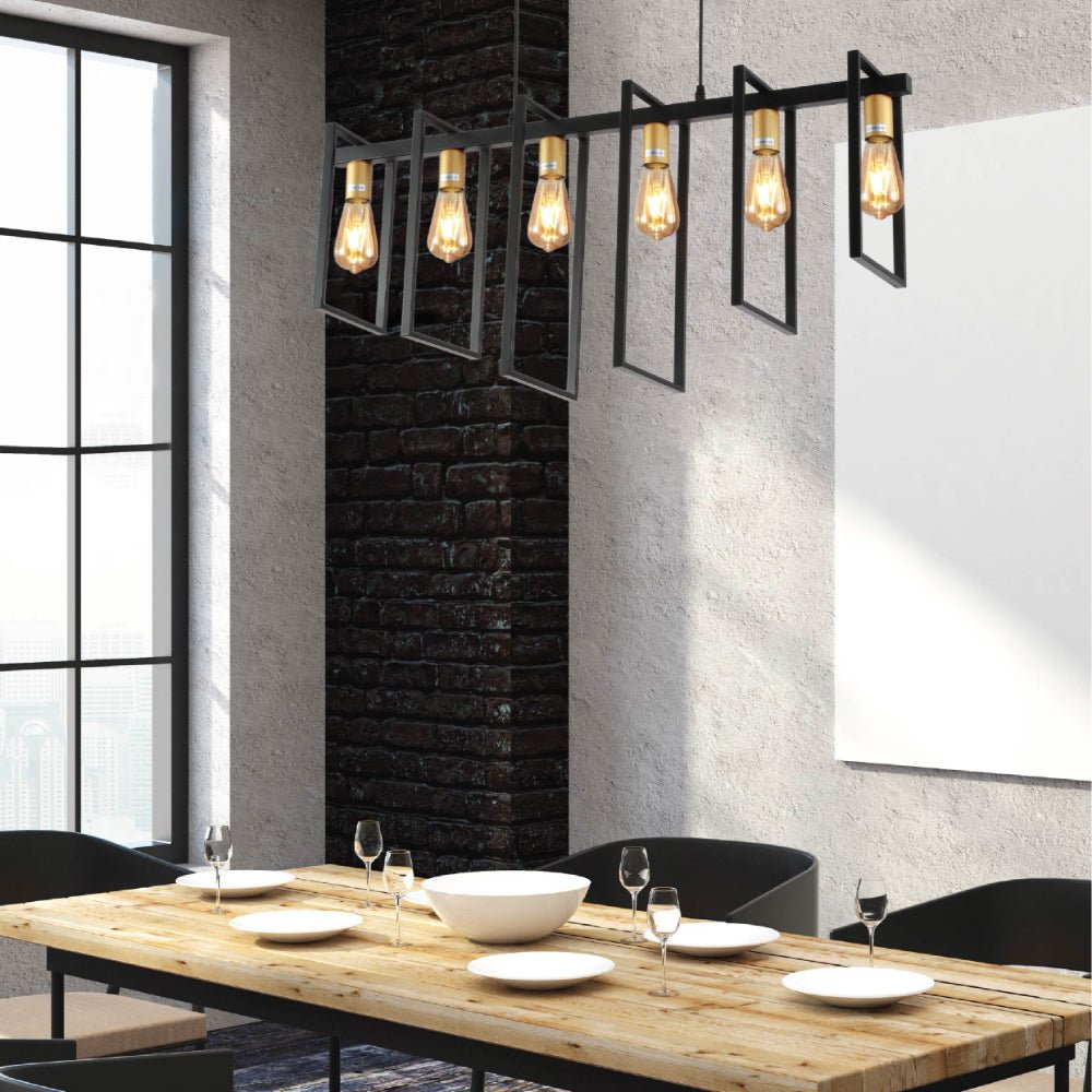 Indoor usage of Black Metal Body Cage Modern Kitchen island Chandelier Ceiling Light with Gold 6xE27 Fittings | TEKLED 159-17874