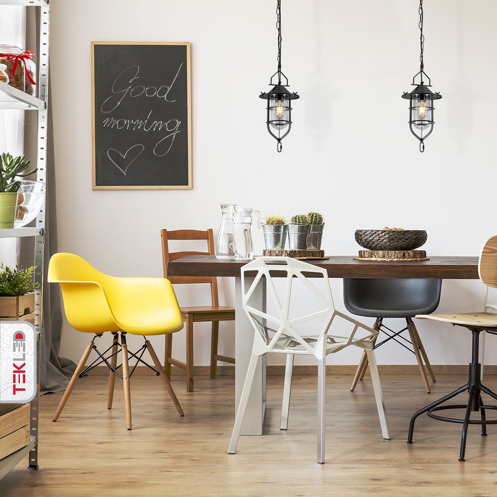 Indoor usage of Black Nautical Industrial Caged Flat Shade Small Glass Metal Ceiling Pendant Light with E27 Fitting | TEKLED 150-18370