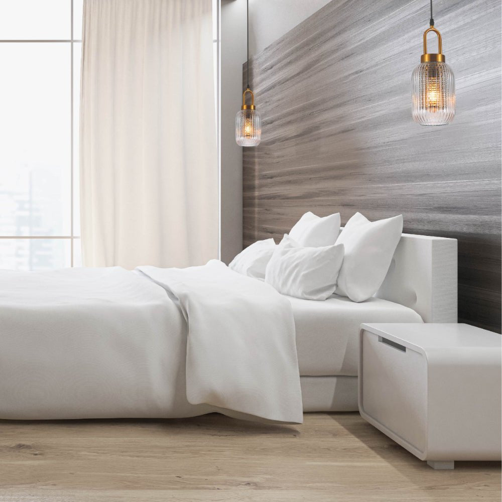 Indoor usage of Sawyer Ribbed Fluted Reeded Maloto Lantern Clear Glass Pendant Ceiling Light E27 Gold Handled | TEKLED 150-18700