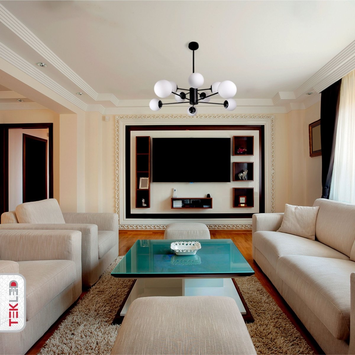 Indoor usage of Snowflake Opal Globe Glass Black Body Ceiling Light with 10xE27 Fittings | TEKLED 159-17424