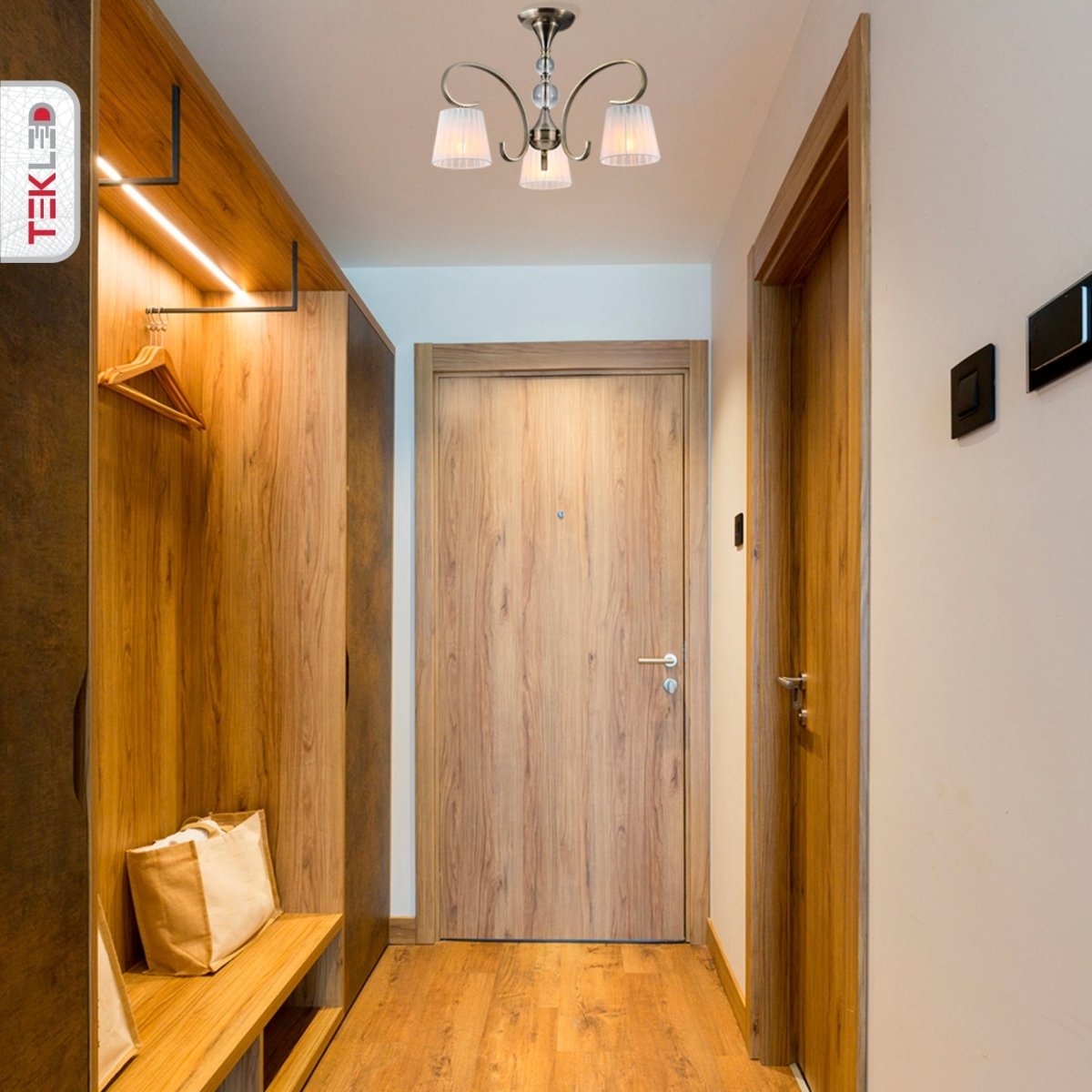 Interior application of Antique Brass Metal Body Rice White Fabric Shade Vintage Traditional Retro Semi Flush Ceiling Light with 3xE27 Fitting | TEKLED 159-17818