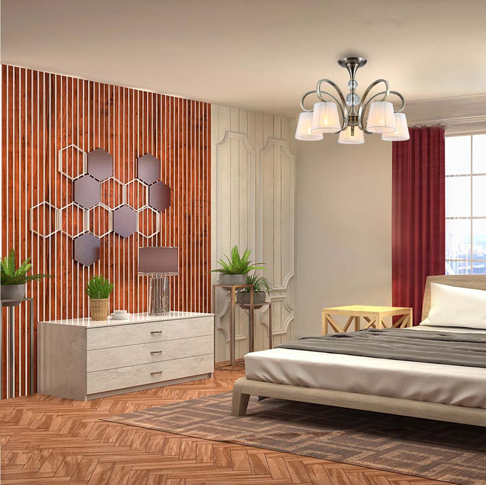 Interior application of Antique Brass Metal Body Rice White Fabric Shaded Vintage Traditional Retro Ceiling Chandelier Light with 5xE27 Fitting | TEKLED 159-17820