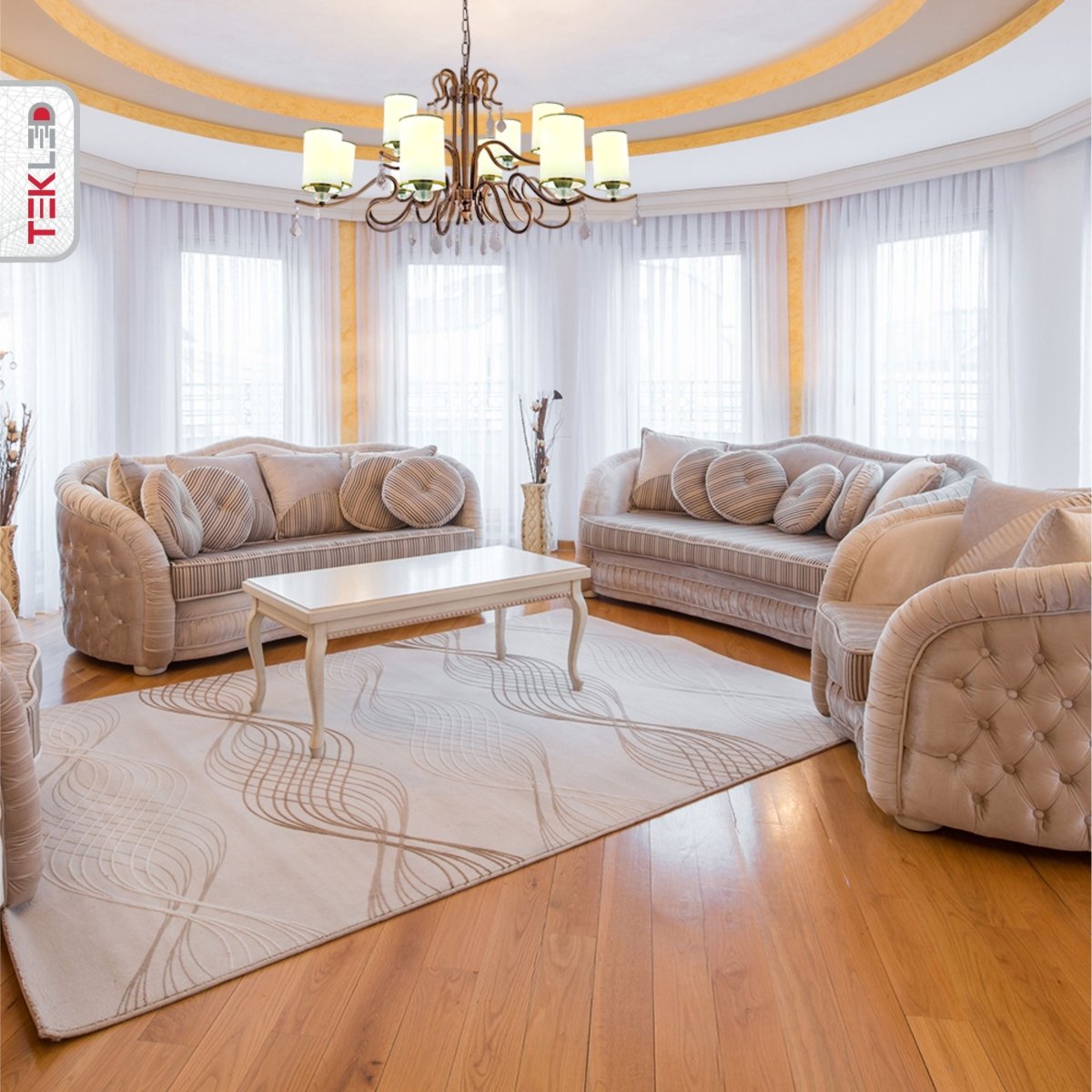 Interior application of Cream Shade Antique Brass Metal 12 Arm Chandelier with Pendeloque Crystals 12xE14 | TEKLED 158-17830