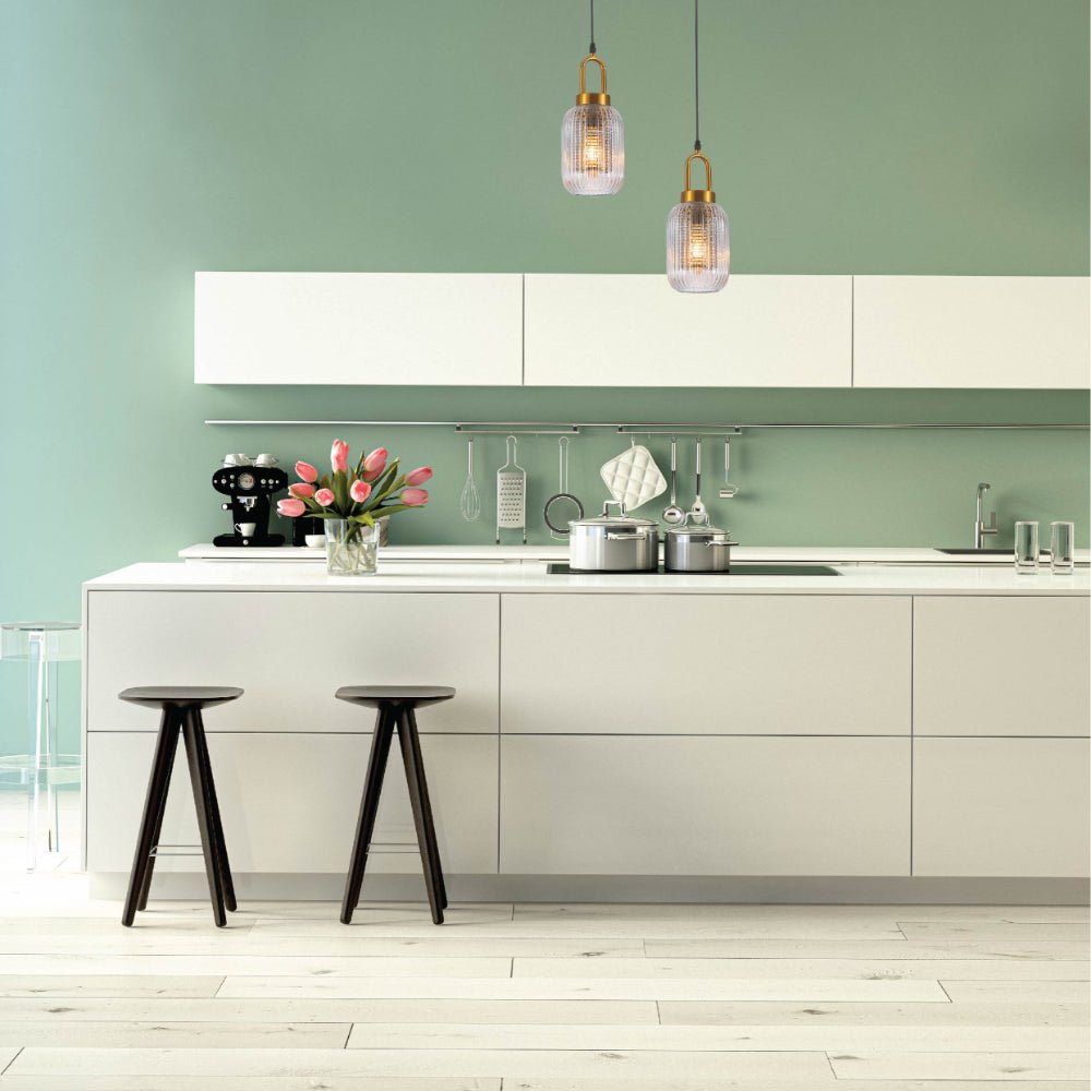 Interior application of Sawyer Ribbed Fluted Reeded Maloto Lantern Clear Glass Pendant Ceiling Light E27 Gold Handled | TEKLED 150-18700