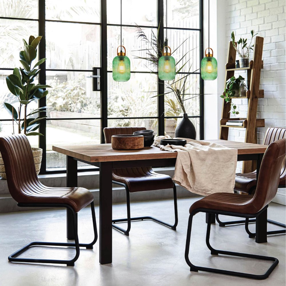 Interior application of Sawyer Ribbed Fluted Reeded Maloto Lantern Green Glass Pendant Ceiling Light E27 Gold Handled | TEKLED 150-18704