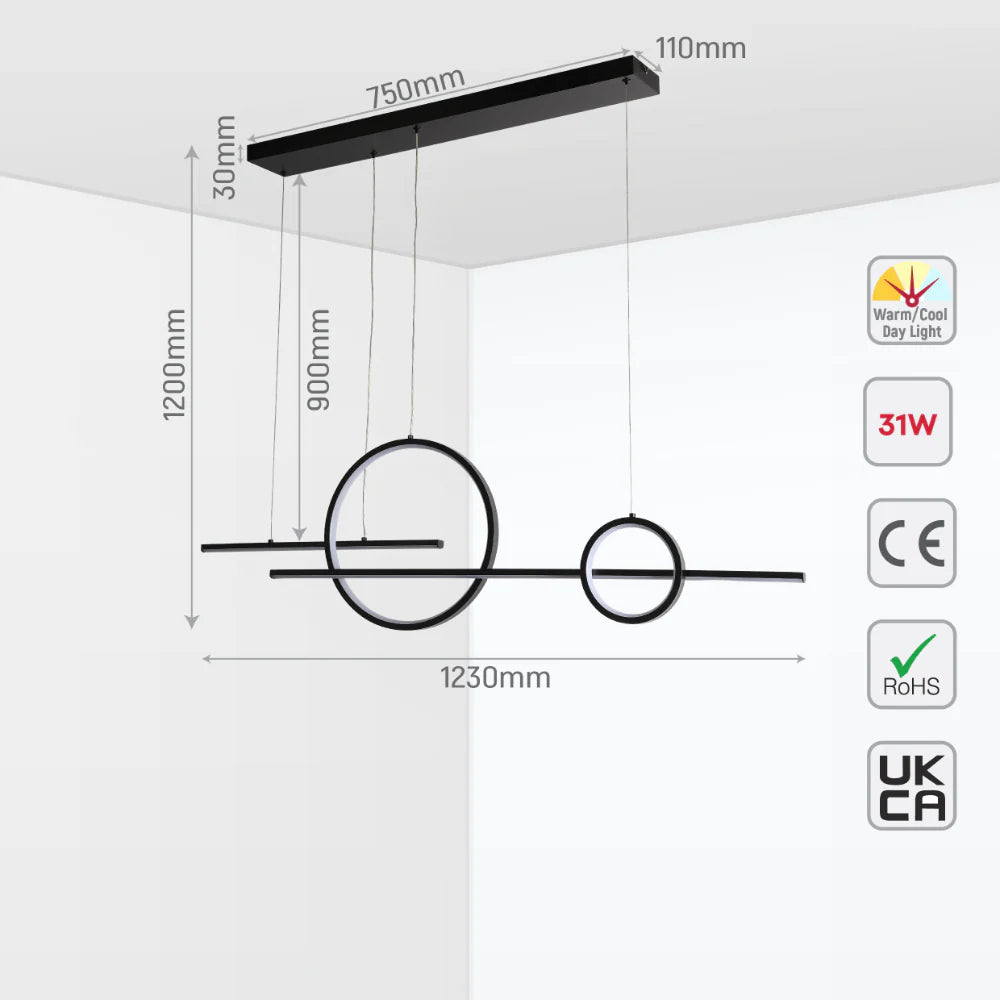 Kitesurf Scandinavian Dining Modern LED Ceiling Light Black 56W CCT Changeble